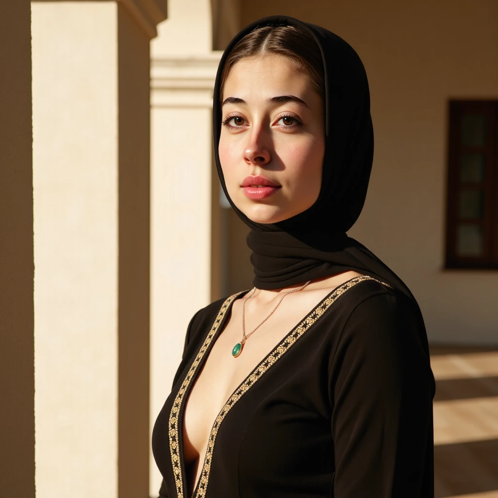 one real persian women, beautiful detailed eyes, beautiful detailed lips, extremely detailed face and skin, white skin, long hair, hijab, looking at camera, intricate jewelry, showing her breast, dramatic lighting, cinematic, serene expression, hyper realistic, photorealistic, 8k, high resolution, masterpiece, (best quality:1.2), (photorealistic:1.37), ultra-detailed, cinematic lighting, warm color palette, dramatic shadows, elegant, majestic, regal,8k
