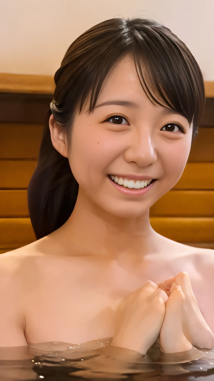 ( One girl ),  Finish Your Work at the Hospital,  Heal Your Fatigue at a Hot Spring , smile, Naked Towel, (((Closer 「MONE KAMISHIRAISHI 」The Face of LoRA:1.1)))