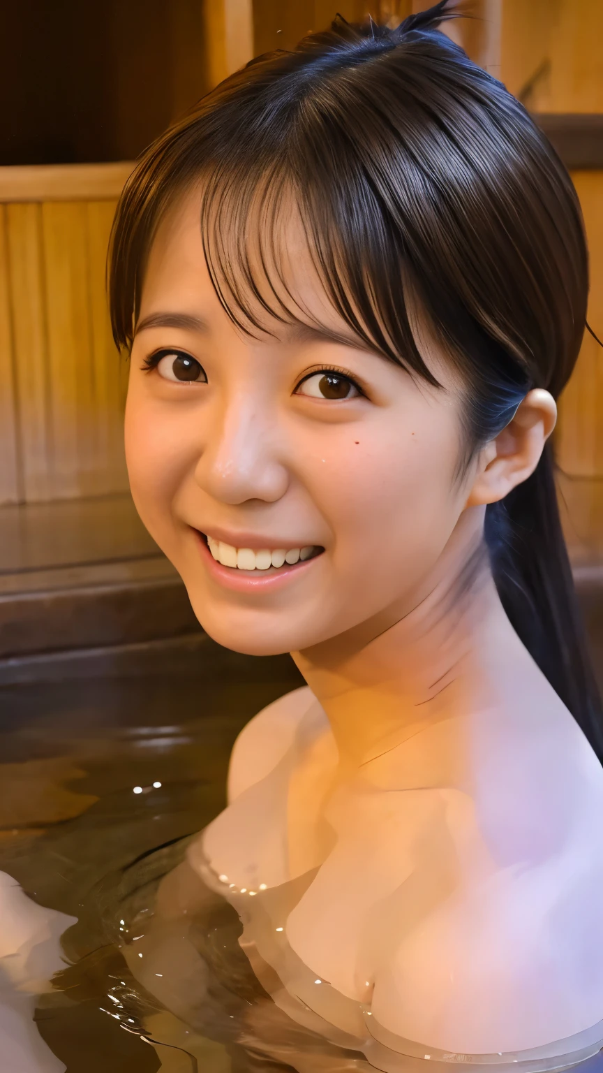 ( One girl ),  Finish Your Work at the Hospital,  Heal Your Fatigue at a Hot Spring , smile, Naked Towel, (((Closer 「MONE KAMISHIRAISHI 」The Face of LoRA:1.1)))