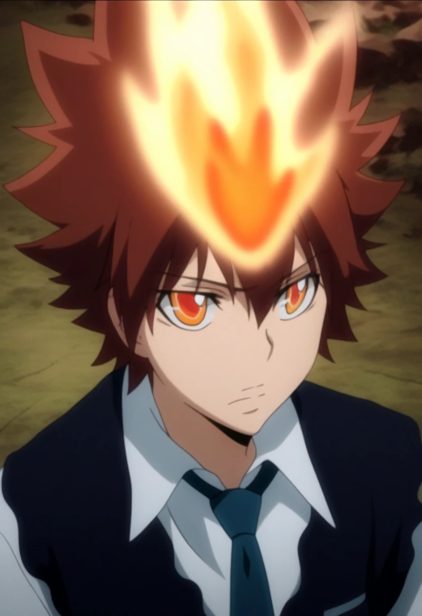 score_9, score_8_up, score_7_up, score_6_up, highly detailed, masterpiece, best quality,detailed,intricate details, amazing quality, best aesthetic, absurdres, tsuna_hyper, brown hair, orange eyes, flame on head, flame on hands, 1boy, male focus, solo, blue necktie, necktie, black vest, Red metal gloves with blue crystals on the back, fire