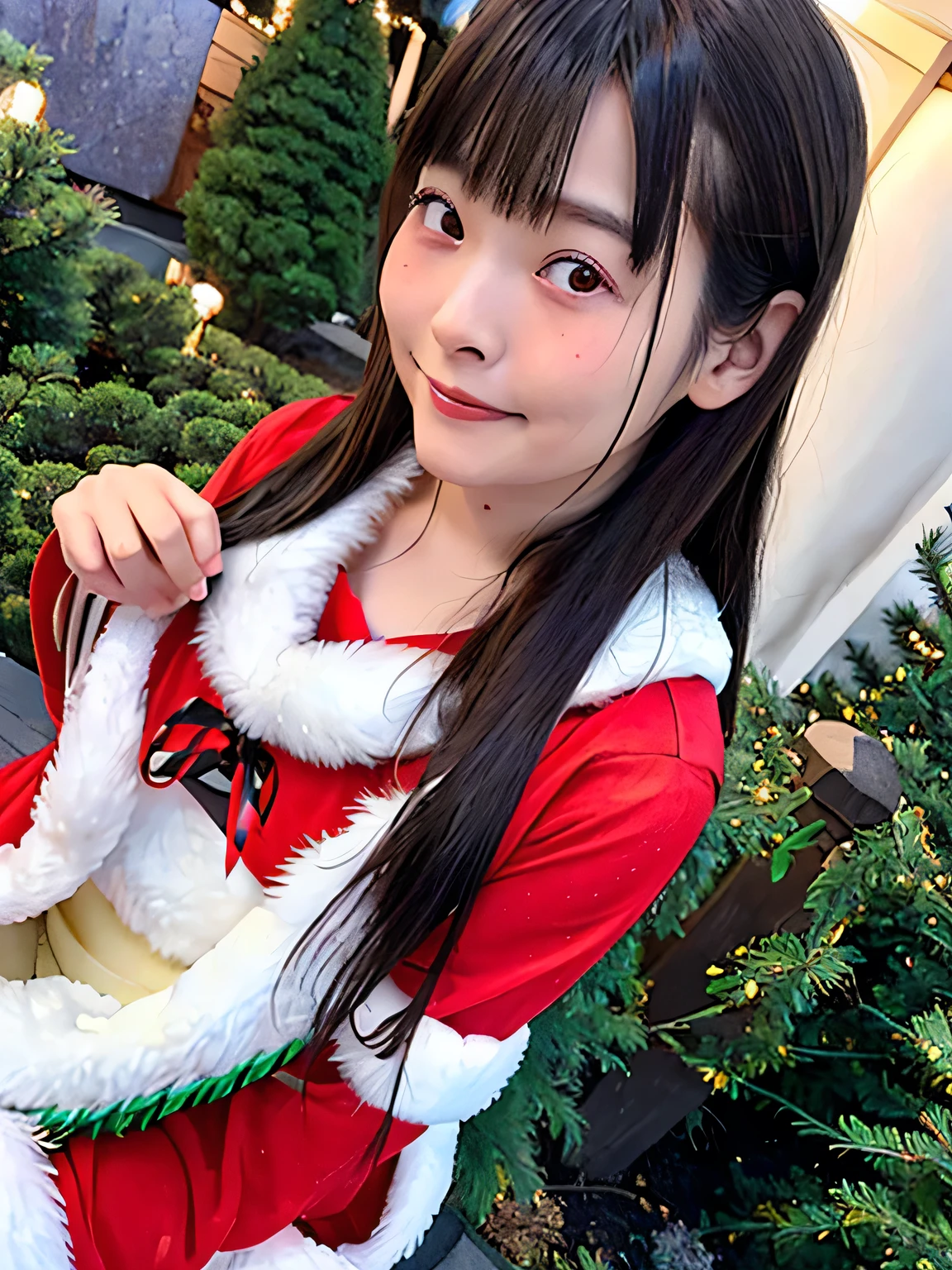 She is dressed in a classic Santa Claus outfit, with a red and white coat, a matching skirt, and black boots, perfectly tailored to her small frame. On her back, she carries a large, white sack filled with presents, the soft fabric of the bag hinting at its generous contents. The The background is a street corner illuminated with Christmas decorations, with the sky transitioning from a warm orange of sunset to the cool blue of night. Snowflakes gently fall, adding to the tranquil winter atmosphere. The girl’s bright and cheerful expression contrasts beautifully with the peaceful surroundings, evoking a sense of warmth and festive joy.  20 years old, 8k,  RAW Portrait  (  Japanese Girl),  photorealistic,  ultra high resolution,  top quality ,  realistic pictures of the garden , dramatic, a very beautiful  Japanese Girl,  girl glamour shot , natural skin,  long hair, bangs,  big, beautiful, detailed eyes , Brown Hair,  beautiful detailed nose, medium breasts.