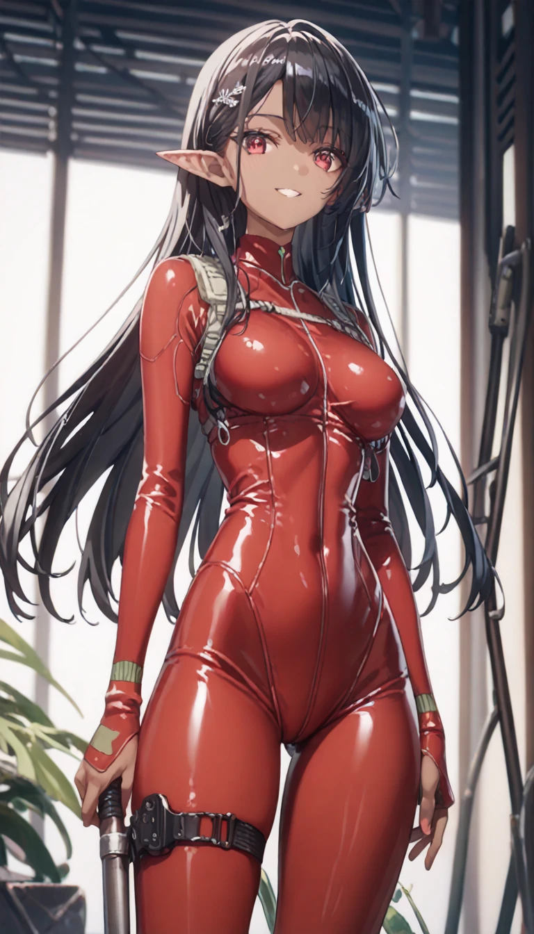  ,    dark skin  ,   smooth skin,  elf, smile,  standing device,  Red tight combat suit,  thin waist,  long hair,  black hair, barrette 