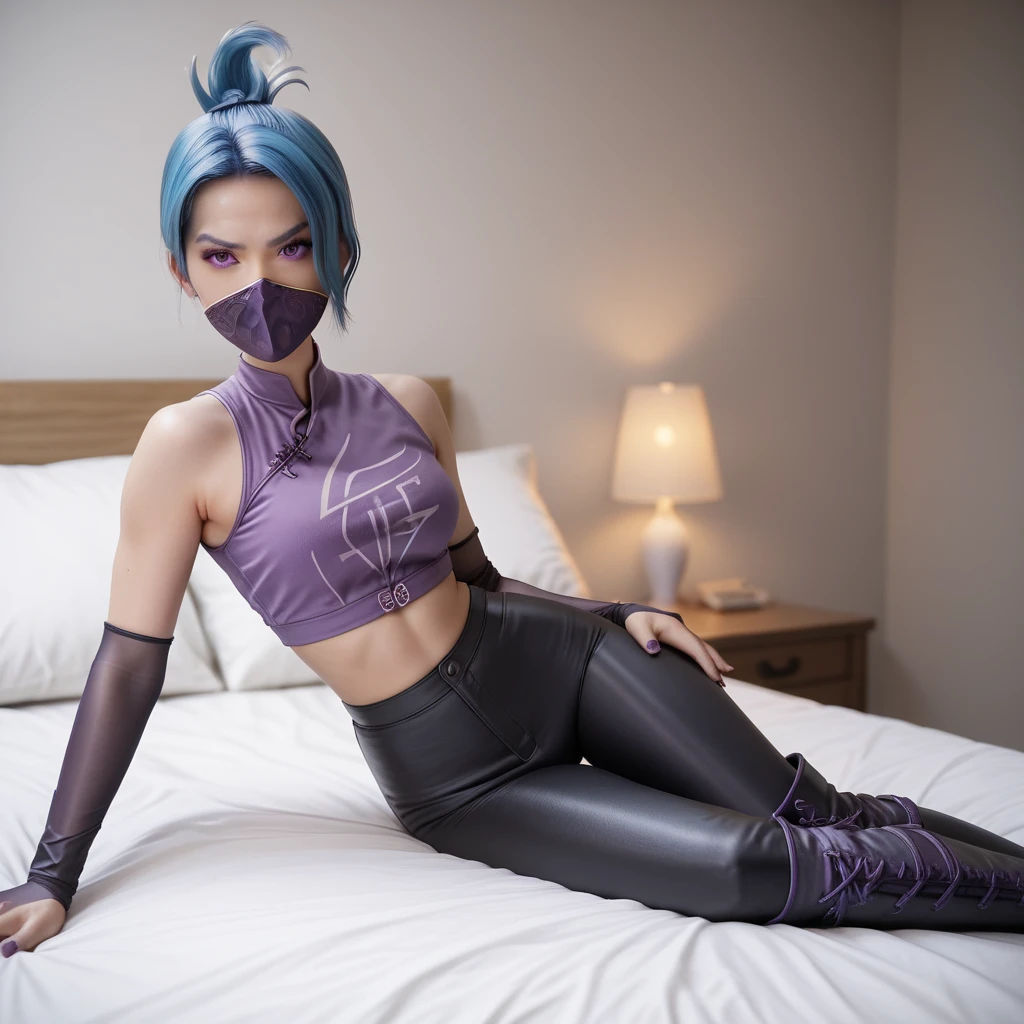 1girl, night thief, blue hair, folded ponytail, purple eyes, ninja mask, mouth mask, purple crop top, black shiny high waisted disco pants, black elbow gloves, thigh boots, lay down on the bed ,battle stance, look at the viewer, at bedroom
