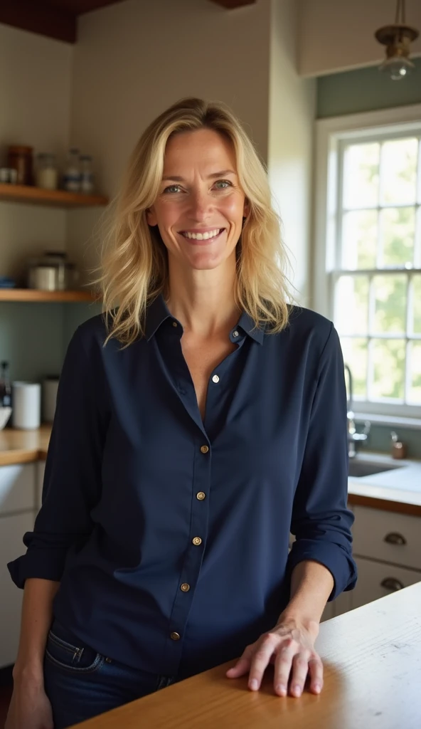 (A mature woman, 35 age old,She is very tired that morning and is still wearing tight black pajamas),Her father comes from Asia, her mother from Germany. She is slim and has slightly tanned skin,( Your hair is short and dark blonde.), Her eyes are blue, She has a charming smile and is small, Cute dimples,she makes breakfast in a large American kitchen,Masterpiece 8K, HDR, ultra realistic