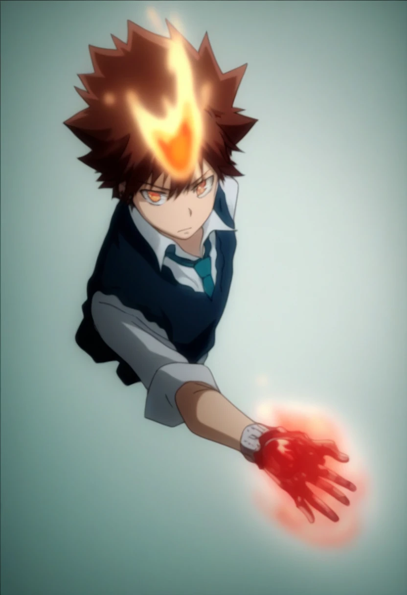 score_9, score_8_up, score_7_up, score_6_up, highly detailed, masterpiece, best quality,detailed,intricate details, amazing quality, best aesthetic, absurdres, tsuna_hyper, brown hair, orange eyes, flame on head,1boy, male focus, solo, blue necktie, necktie, black vest, Red metal gloves with blue crystals on the back, fire