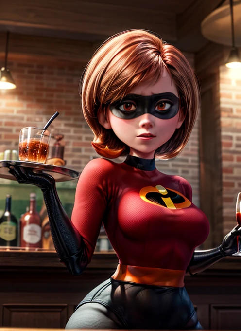 ((best quality)), ((highly detailed)), absurdres, extremely detailed face, beautiful face, (detailed eyes, deep eyes), (1girl), dynamic pose, upper body}, helenparr, brown hair, brown eyes, domino mask, mask, bodysuit, black elbow gloves, thighhighs, thigh boots, (inside, at a bar, waitress outfit)