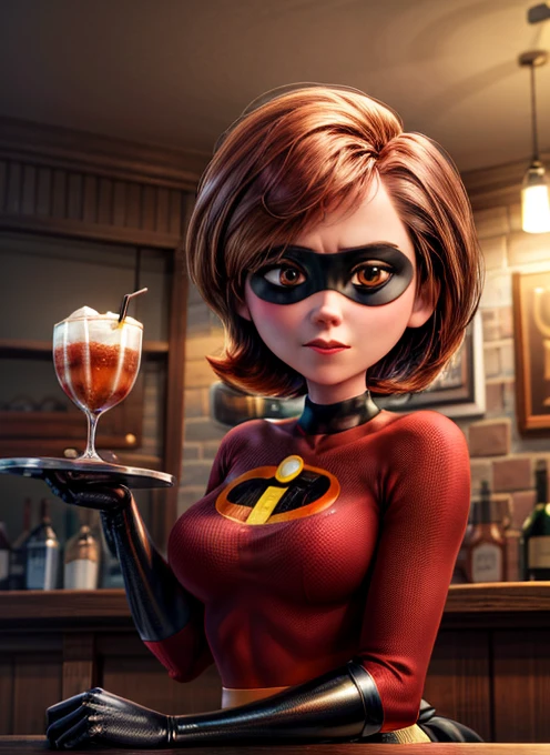 ((best quality)), ((highly detailed)), absurdres, extremely detailed face, beautiful face, (detailed eyes, deep eyes), (1girl), dynamic pose, upper body}, helenparr, brown hair, brown eyes, domino mask, mask, bodysuit, black elbow gloves, thighhighs, thigh boots, (inside, at a bar, waitress outfit)