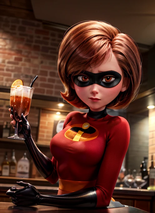 ((best quality)), ((highly detailed)), absurdres, extremely detailed face, beautiful face, (detailed eyes, deep eyes), (1girl), dynamic pose, upper body}, helenparr, brown hair, brown eyes, domino mask, mask, bodysuit, black elbow gloves, thighhighs, thigh boots, (inside, at a bar, waitress outfit)