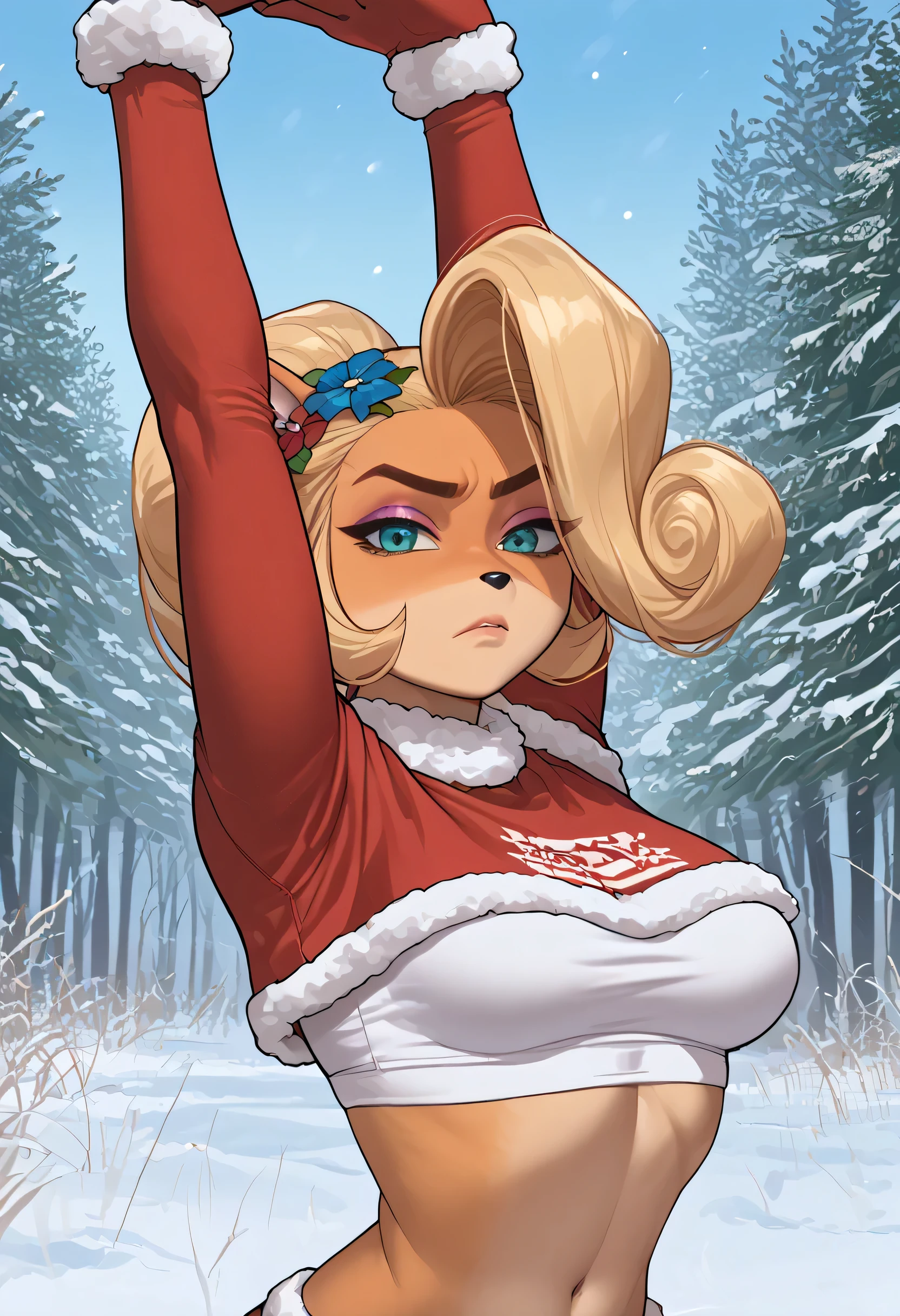 1girl, annoyed expression, (light blue brillant eyes), EARRINGS, rubor, (Santa Claus cropped top, small breast) Coco Bandicoot, looking at viewer, Snow and cold, (Slim Body), big breasts portrait. score_9, score_8_up, score_7_up. (cammystretch, stretching, arms up)