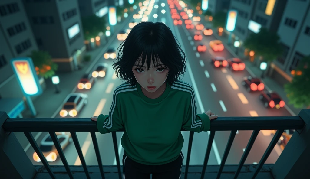 A beautiful Japanese girl in a green Adidas tracksuit, loose black pants and short wavy hair is leaning on a balcony railing and looking from above. Her eyes are looking down. There are cars and motorbikes below the balcony. Top view and front view at night