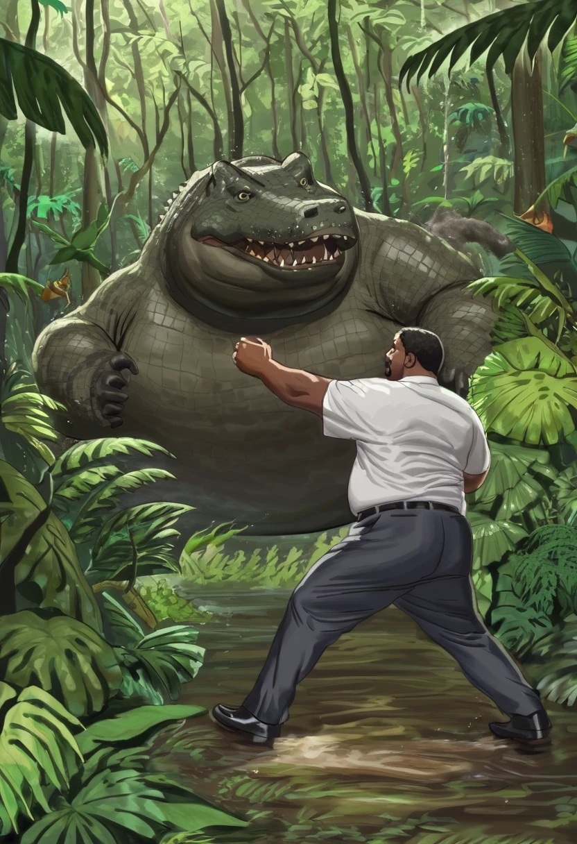 A fat black man punches a fat crocodile in a rainforest.