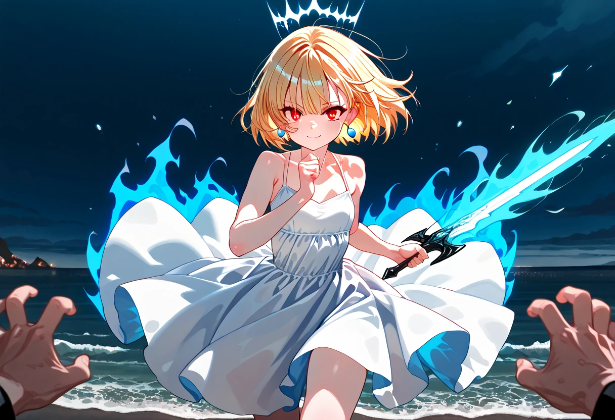 (masterpiece), (( top quality )), ( super detailed ), ((very delicine and beautiful)), (Unbelievably ridiculous))), ( perfect body))),  1 girl, white shining particles , fight,  holding_sword, Blonde Bob,  red eyes, ,  outdoors on the street at night, null, Aura full body, big, white tintered dress, Bare shoulders,  small smile , sea + background, wind, perfect hand, Hand Detail, Modified fingers.  earrings for women with first name,  in rot _in_viewer,  cowboy shot, Rich details, Perfect image quality