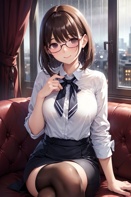 Highest quality、High resolution、Detailed Background、(Beautiful face in every detail:1.4)、Anatomically correct、Teenage beauty、(Huge breasts:1.3)、(Detailed facial expressions)、Brown Hair、Black Hair、ponytail、Bobcut、cute hairstyle、Glasses、Perfect body line、
(Sleeveless JK uniform、Pleated mini skirt、White Stockings)、classroom、Accentuate your breasts、Cute gestures、Cowboy Shot、(underboob:1.2)、(Raise your arms to show your sides)、A big smile、smile、cute、Panty Shot、
(The button on her uniform blouse has broken and her breasts are spilling out:1.5)、(Girl sitting at desk、View from below:1.5)