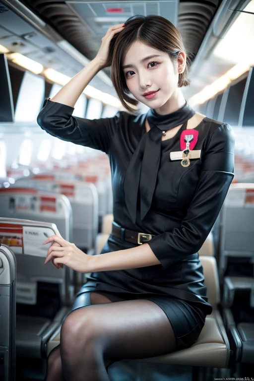 masterpiece,  high detail, the most  pornographic  airline stewardess in the world, (( pornographic )), in  cabin attendant costume,   Brunette Shorthair , Bob Hairstyle, foot, ((( medium bust 1 .9))) Thighs, Wide Hips,  cabin attendantドレス,  slender body , Smiling Lips, (( cabin attendant)) (超 High Definition , 8k wallpaper,  High Definition ),  Cinematic Lighting,  physical base rendering ,  Award winning , Highly detailed skin,  detailed face , highly detailed eyes,  Carl Zeiss 85mm F /1.4, Lens by Ellen von Unwerth 