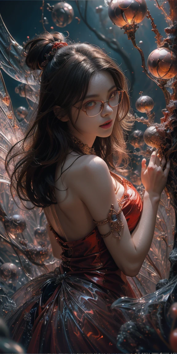 (The best illustrations)、realisitic、ultra-detailliert、The best lighting、Best Shadows、alluring succubus, ethereal beauty, perched on a cloud, (fantasy illustration:1.3), enchanting gaze, captivating pose, delicate wings, otherworldly charm, mystical sky, (Luis Royo:1.2), (Yoshitaka Amano:1.1), Dungeon and Dragon、caves、Dungeon、 A Necromancer、natta、Dark style、Succubus、Devil's Daughter、Bat Wings，(((Demon Hornlack-rimmed round glasses))))、(red eyes glowing:1.6)、​beautiful countenance、Tindall Effect、(High Detail Skins:1.2) absurderes、Ponytail distortion、jewely、Beautiful expression、Toned waist、Wide buttocks、Tindall Effectmasuter piece、top-quality、Highest Standards、Top image quality、masutepiece、intricate detailes、High resolution、Depth Field、natural soft light、profetional lighting、Great smile、(High Detail Skin: 1.2)、photorealistic anime girl render、Strong highlights of the eyes、Perfect Anatomy、crotch open、Shy、Spreading your legs、Panties are visible、Skirt flipping、Body shiny with oilerectile nipple))、8K resolution、intricate clothing、Intricate details