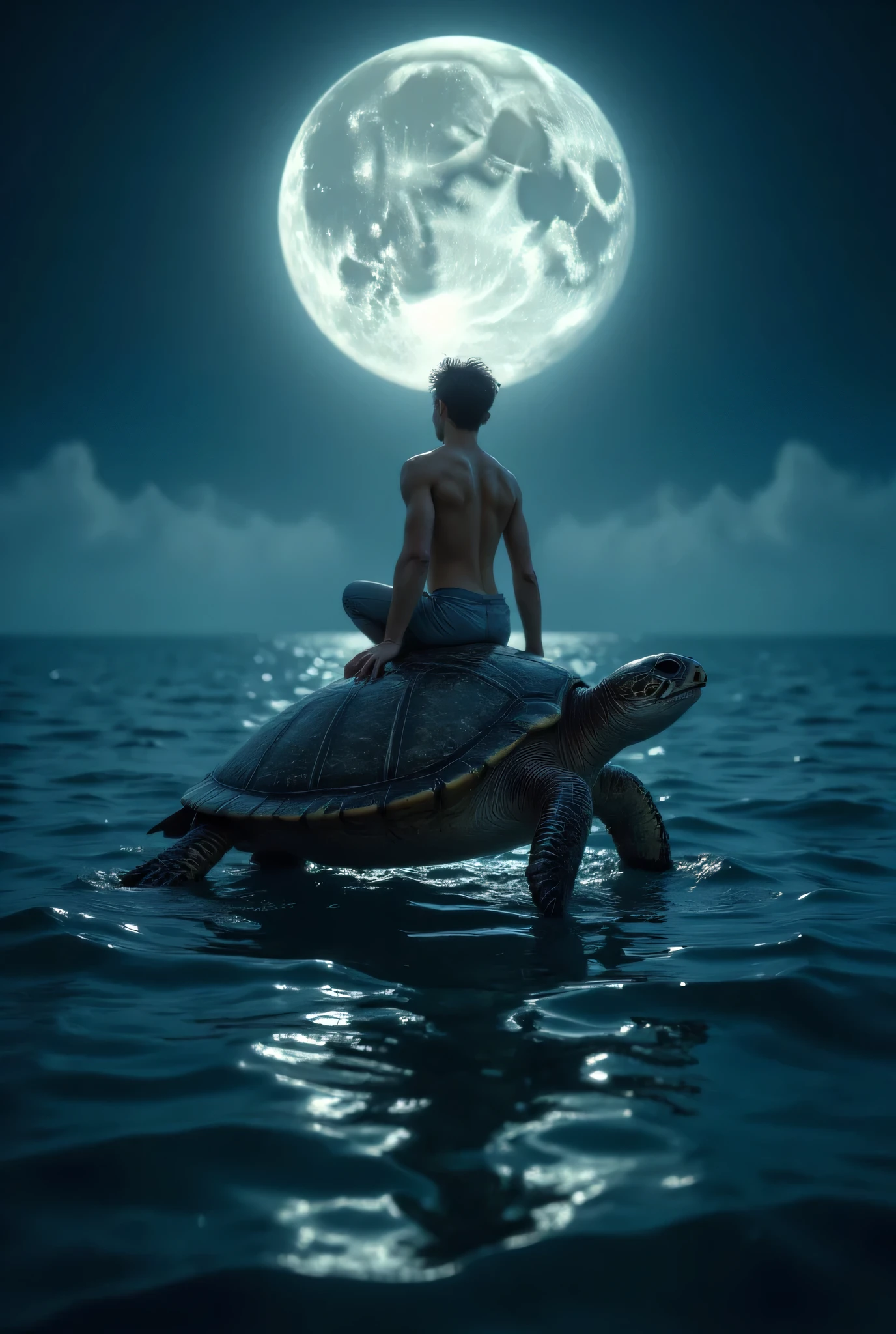  A man rides a turtle ， Close-up of a sea turtle on the surface of the water，The background is the full moon, 8k, 16k,amazing,  Midnight theme ,  wide-screen footage , Dark mode, light mode, floating next to planets,   Dark night theme , the light, amazing, Canon f 1  ,  loose ingredients ,  Romantic seascape style in the moonlight , colorful, Eye-catching composition,  Innovative boldly saturated style , neo-romanticism,  Photos taken with Provia , Iconic images, I can&#39; I can't believe how beautiful this is ,  Painting space , simple