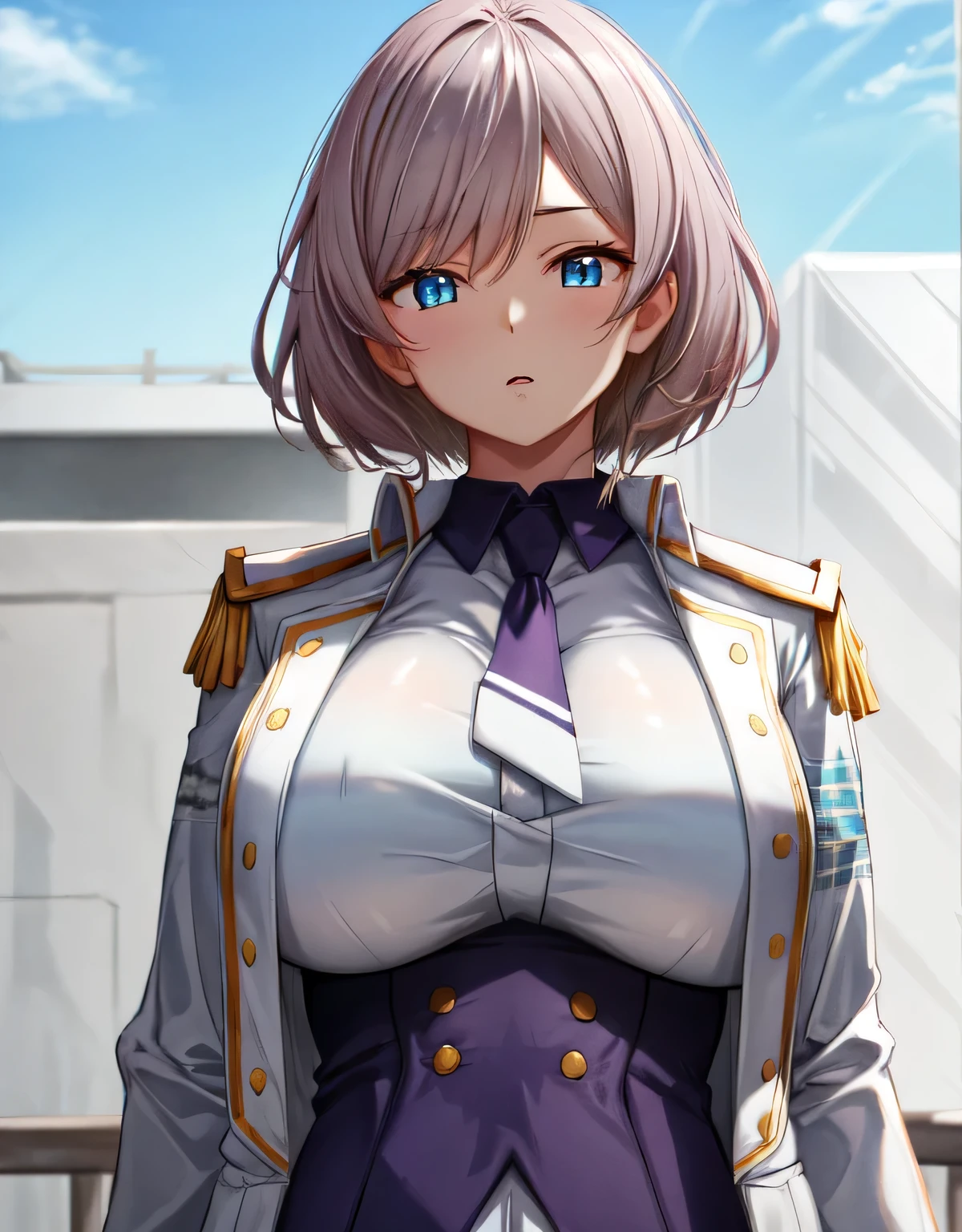 outdoors,bangs,mujina,ssss dynazenon,(light blue eyes),coat,white jacket,necktie,long sleeves,uniform,military uniform,(Large breasts:1.55),Looking at Viewer,Standing,((masterpiece)),((Best Quality)),Perfect Anatomy,8K UHD,extremely detailed face,((1girl)),((Solo)),Beautiful detailed eyes,perfect Image,(Upper body:1.2),(Look at the front:1.5),Arms behind back,Slim waist,(shiny hair),ultra-detailed,absurdres,highres,