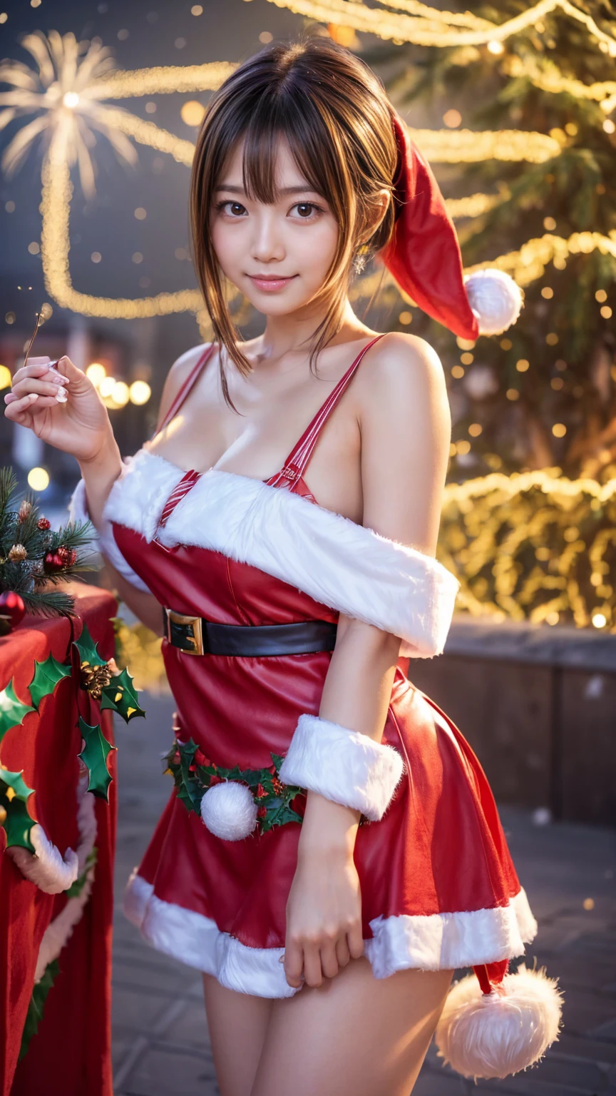 生a picture、1girl in、Incredibly absurd, beautiful a girl, (cute little), (slicked back hair), Platinum Hair, depth of fields, hight resolution, ultra-detailliert, (finely detail), ighly detailed, ighly detailedな目と顔, Sharp pupils, Realistic Race Queen, foco nítido, Cinematic lighting、Eyes and faces with detailed、((Sexy Santa Costumes))、(santa claus )、natural soft light、Cowboy Shot Full Length Body、(Cameltoe)、Stand with your legs spread out on Illumination Street、Futuristic buildings、a closeup、A refreshing smile、tempting look、female dog、(Super burst breasts:1.3)、Sack shot with a bold pose、(posterior view)、ass shot、Three-dimensional feeling、Realistic、a picture、Detailed texture