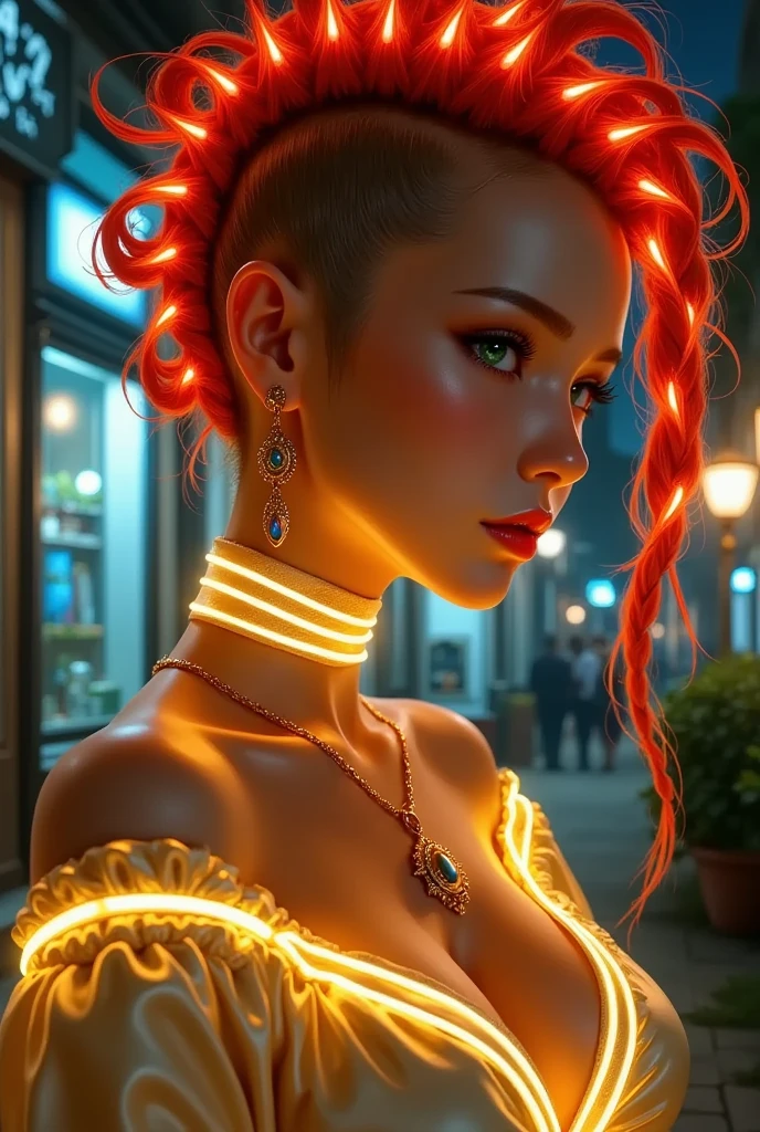 Female figure (ethnicity:1.2), (age:1.1), (detailed clothing:1.2), (accessories:1.1),  (facial features:1.3), (detailed skin texture:1.2), (expression:1.2), (body type:1.1), (pose:1.2),  with vibrant red braided hair styled in a mohawk,  (detailed braids:1.2),  and striking makeup (detailed makeup:1.2). (red lipstick:1.2),  (green eyes:1.3), wearing gold-toned, ornate earrings (detailed accessories:1.2).  A profile view centered in the image,  facing slightly to her right.  Posing with her head slightly tilted.  Neon yellow-gold glowing lines wrap around her neck and shoulders, creating a stylized visual effect.  Background incorporates a blurred urban scene (bright neon lights:1.1), (cityscape lights:1.2).  Dark background contrasting with the vivid colors.  Digital painting style, (photorealistic rendering:1.1),  with sharp focus and vibrant color palette.  Highly detailed portrait, digitally stylized,  (realistic lighting:1.2), (glowing neon lines:1.1).  Composition emphasizes the subject's beauty and dramatic lighting.  (light reflecting on skin:1.2).  High detail photorealistic portrait art.
