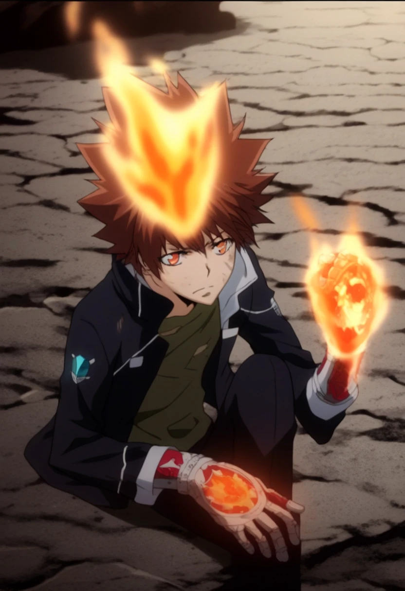 score_9, score_8_up, score_7_up, score_6_up, highly detailed, masterpiece, best quality,detailed,intricate details, amazing quality, best aesthetic, absurdres,source_anime,fire, gloves, sitting, jacket, fingerless Red metal gloves with blue crystals on the back, tsuna_hyper, fire on head, brown hair, orange eyes, fire on hands