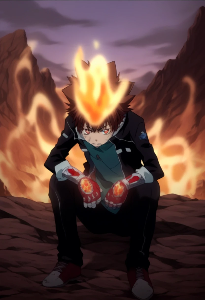 score_9, score_8_up, score_7_up, score_6_up, highly detailed, masterpiece, best quality,detailed,intricate details, amazing quality, best aesthetic, absurdres,source_anime,fire, gloves, sitting, jacket, fingerless Red metal gloves with blue crystals on the back, tsuna_hyper, fire on head, brown hair, orange eyes, fire on hands