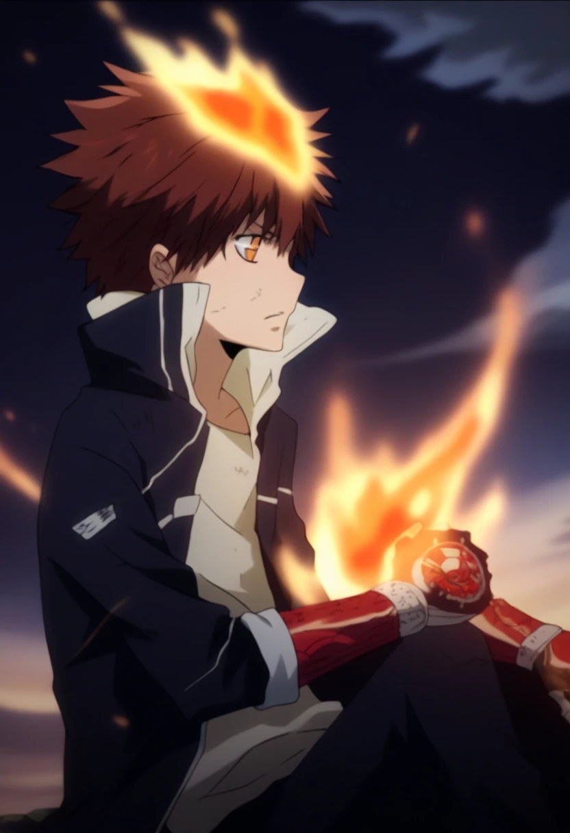 score_9, score_8_up, score_7_up, score_6_up, highly detailed, masterpiece, best quality,detailed,intricate details, amazing quality, best aesthetic, absurdres,source_anime,fire, gloves, sitting, jacket, fingerless Red metal gloves with blue crystals on the back, tsuna_hyper, fire on head, brown hair, orange eyes, fire on hands