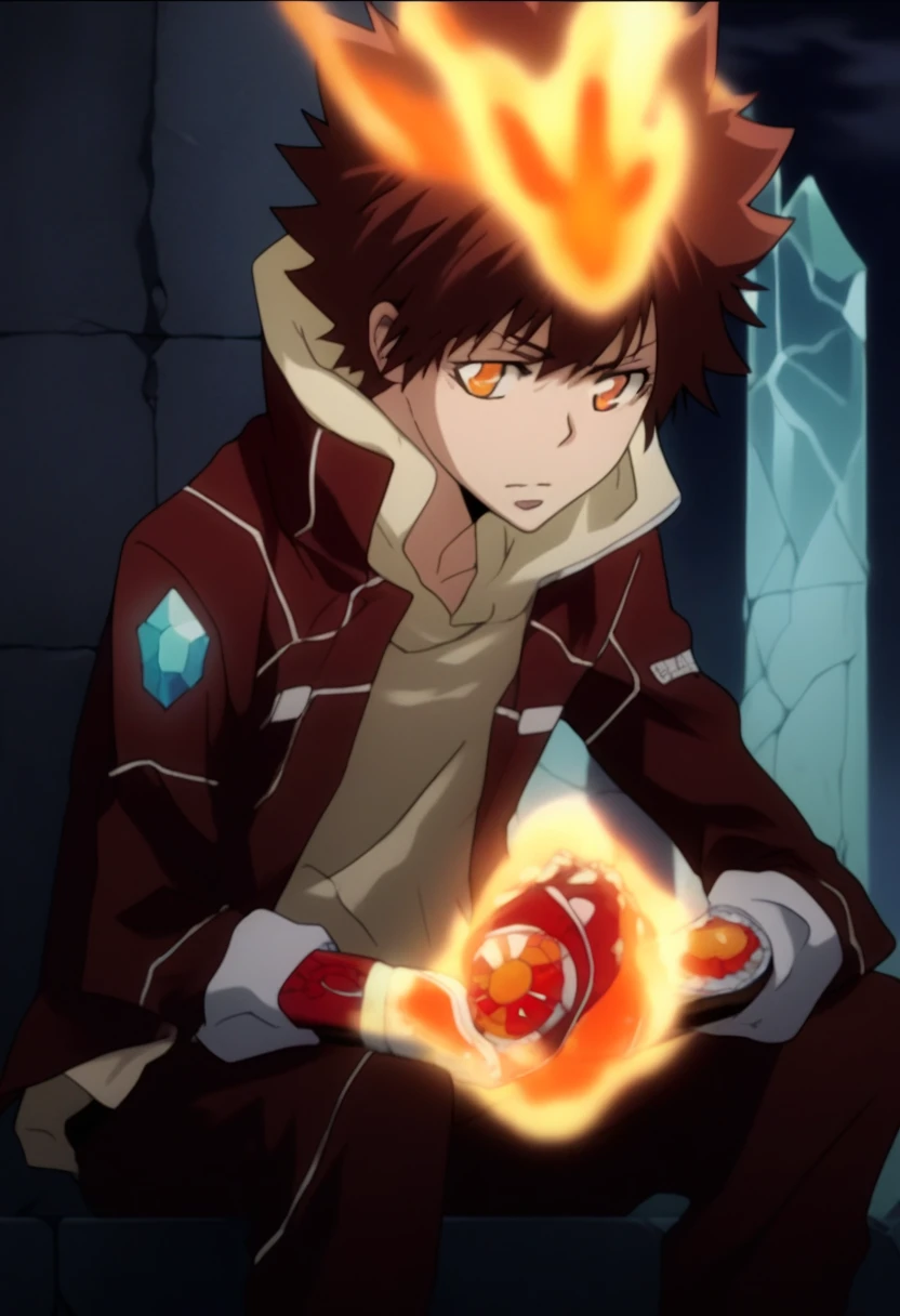 score_9, score_8_up, score_7_up, score_6_up, highly detailed, masterpiece, best quality,detailed,intricate details, amazing quality, best aesthetic, absurdres,source_anime,fire, gloves, sitting, jacket, fingerless Red metal gloves with blue crystals on the back, tsuna_hyper, fire on head, brown hair, orange eyes, fire on hands