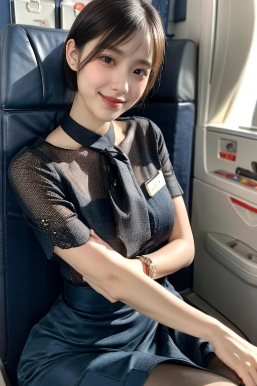 masterpiece,  high detail, the most  pornographic  airline stewardess in the world, (( pornographic )), in  cabin attendant costume,   Brunette Shorthair , Bob Hairstyle, foot, ((( medium bust 1 .9))) Thighs, Wide Hips,  cabin attendantドレス,  slender body , Smiling Lips, (( cabin attendant)) (超 High Definition , 8k wallpaper,  High Definition ),  Cinematic Lighting,  physical base rendering ,  Award winning , Highly detailed skin,  detailed face , highly detailed eyes,  Carl Zeiss 85mm F /1.4, Lens by Ellen von Unwerth 