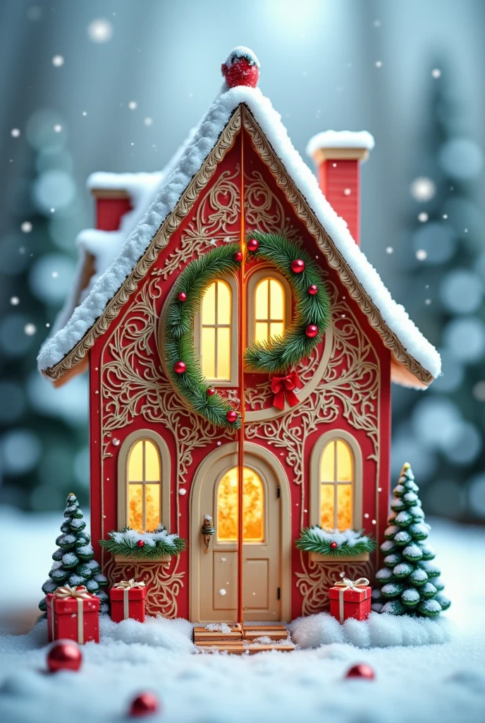  Beautiful Cardboard House , divided into two parts ,  Christmas themed snow, Accuracy, beautiful design, bright colors,  Lots of Details , 8 k,  masterpiece fails,  better quality ,  intricate details,  maximum quality, 