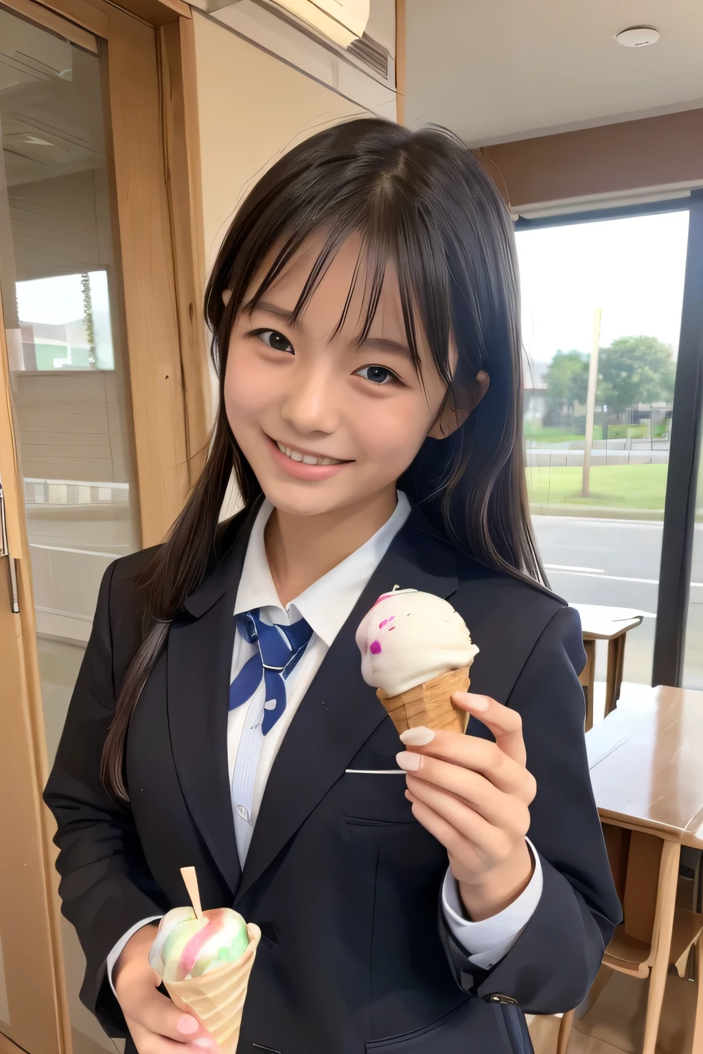 ((masterpiece)), (18 years old), (a Japanese schoolgirl), (((school uniform))), indoor, (((sucking a ice cream with stick))), (smiling), 