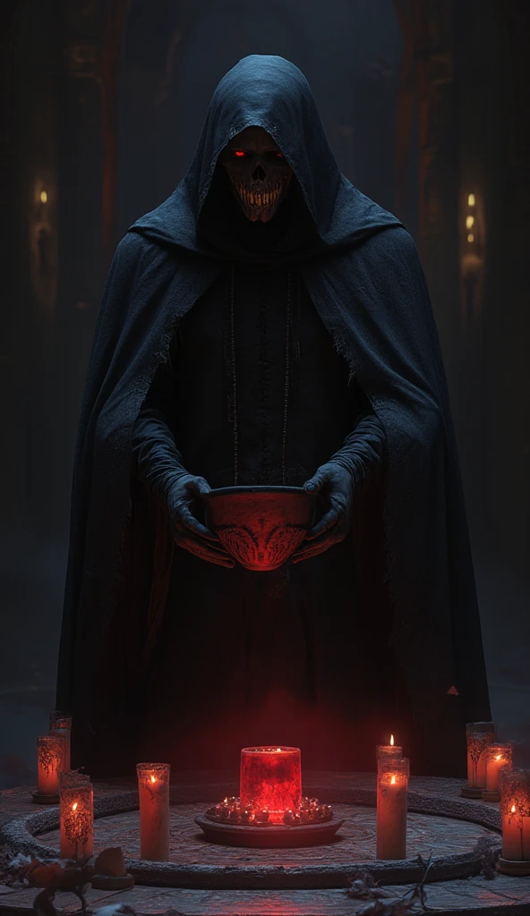  dark priest on an altar :  A priest in black clothing and a torn cape ,  his face covered by a hood .  He is standing in front of an altar surrounded by extinguished candles ,  with diabolical symbols and an evil expression . in your hands, holds a black chalice ,  from which a red glow emanates that illuminate the darkness that surrounds him.
