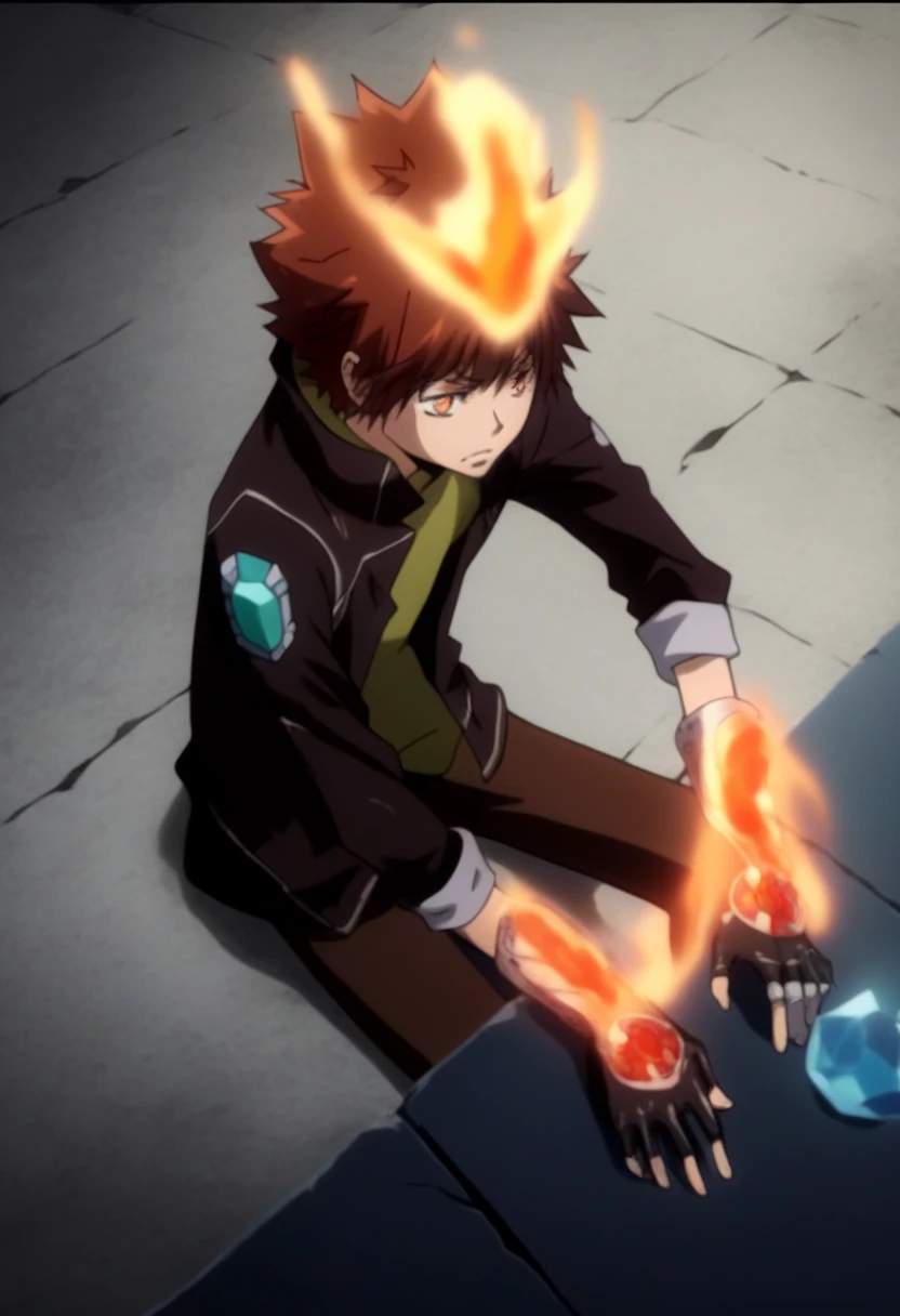 score_9, score_8_up, score_7_up, score_6_up, highly detailed, masterpiece, best quality,detailed,intricate details, amazing quality, best aesthetic, absurdres,source_anime,fire, gloves, sitting, jacket, fingerless Red metal gloves with blue crystals, tsuna_hyper, fire on head, brown hair, orange eyes, fire on hands