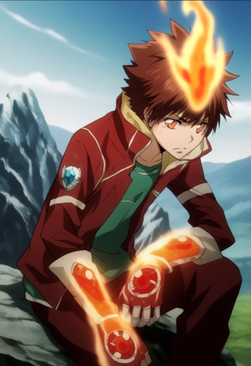 score_9, score_8_up, score_7_up, score_6_up, highly detailed, masterpiece, best quality,detailed,intricate details, amazing quality, best aesthetic, absurdres,source_anime,fire, gloves, sitting, jacket, fingerless Red metal gloves with blue crystals, tsuna_hyper, fire on head, brown hair, orange eyes, fire on hands