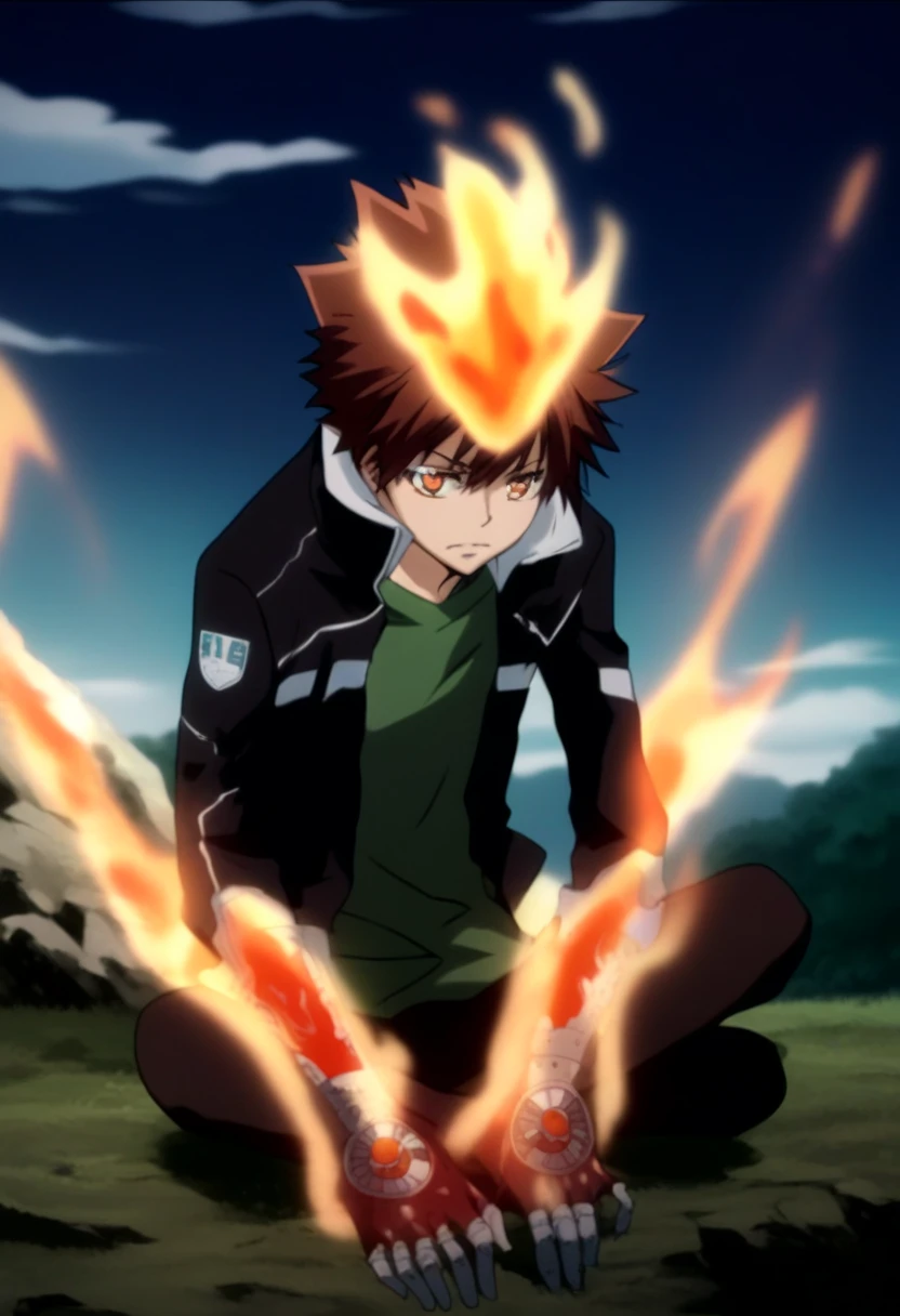 score_9, score_8_up, score_7_up, score_6_up, highly detailed, masterpiece, best quality,detailed,intricate details, amazing quality, best aesthetic, absurdres,source_anime,fire, gloves, sitting, jacket, fingerless Red metal gloves with blue crystals, tsuna_hyper, fire on head, brown hair, orange eyes, fire on hands