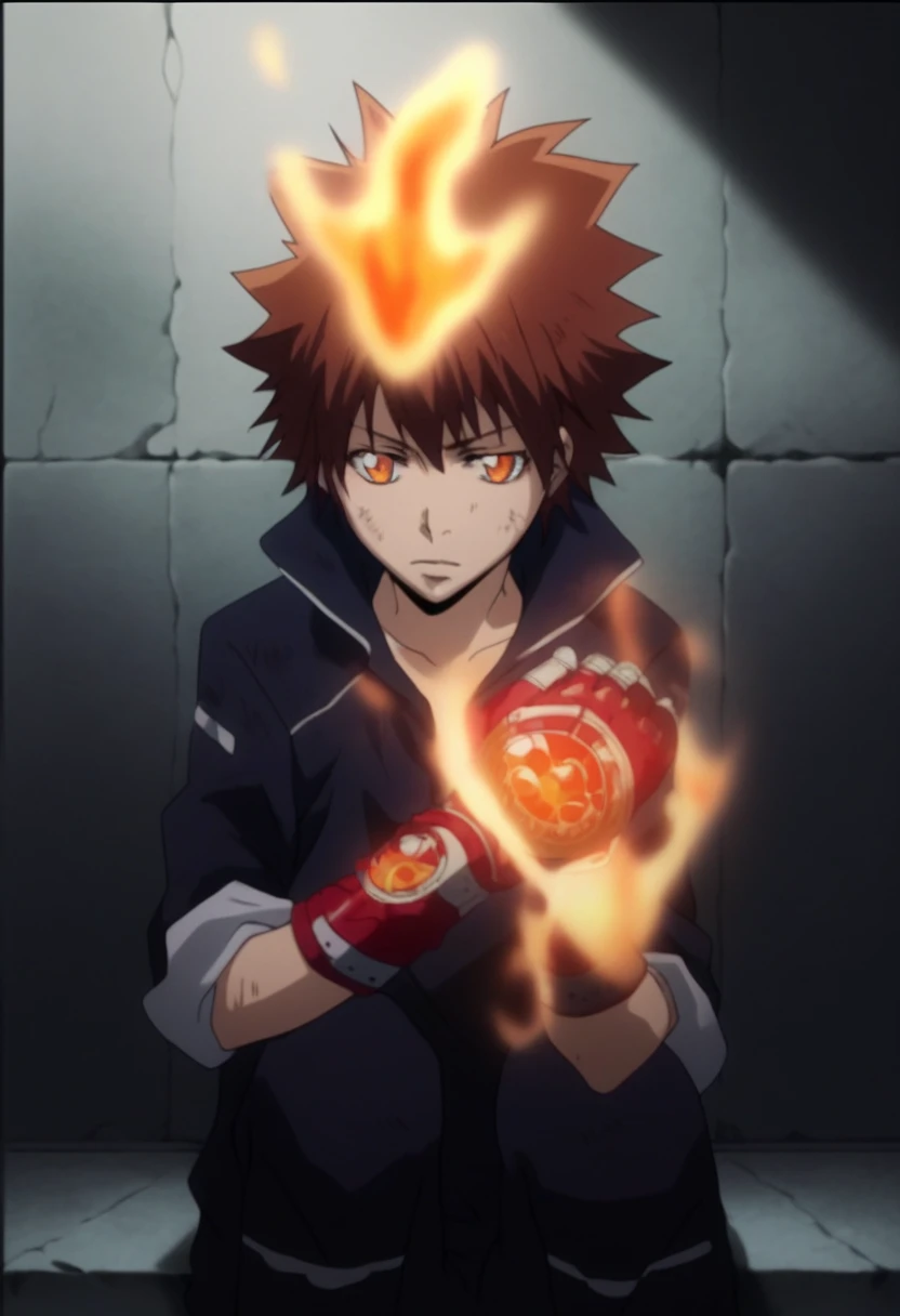 score_9, score_8_up, score_7_up, score_6_up, highly detailed, masterpiece, best quality,detailed,intricate details, amazing quality, best aesthetic, absurdres,source_anime,fire, gloves, sitting, jacket, fingerless Red metal gloves with blue crystals, tsuna_hyper, fire on head, brown hair, orange eyes, fire on hands