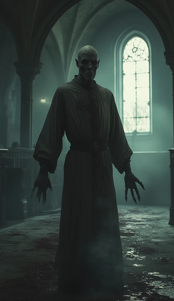  Priest in a ruined church :  An aged-looking priest ,  with blood-stained and wrinkled clothes ,  standing in the middle of a ruined church .  Broken windows let in a faint light that is reflected in the dark spots on the floor. His gaze is fixed and terrifying ,  while a demonic shadow seems to emerge behind him .
