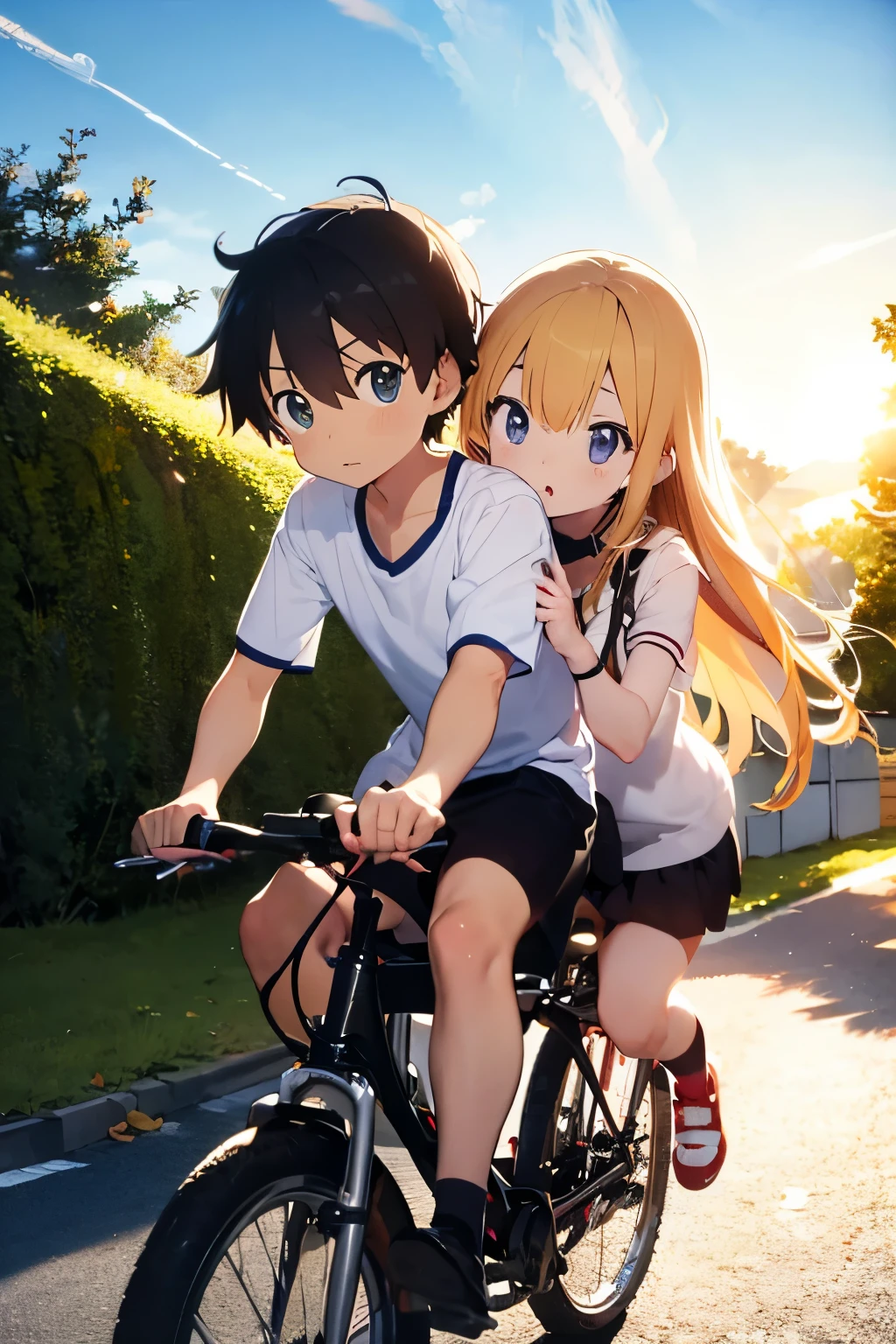 anime couple riding a bicycle on a road with a blue sky, golden time, in style of kyoto animation, kyoto animation still, slice of life anime, kyoto animation, kyoto animation key visual, daytime ethereal anime, watching the sun set. anime, shoujo romance, anime movie background, beautiful anime scene, kyoto animation productions, kyoto animation anime key visual,  Masterpiece,  top quality ,  High Definition 