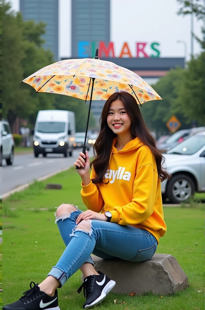 a beautiful Indonesian woman, smooth white skin, well-groomed face,berhijab plasmina panjang, kuning pink, slow motion,wearing a yellow and pink hoodie combination, brand name (feel ) celana kargo hitam slow motion Banyak kantong nya,black watch, white shoes, posing standing next to a combination of yellow and pink orchid flowers. which flowers beautifully and thickly. The background of the beautiful orchid flower garden is very amazing .Realistic original photo 