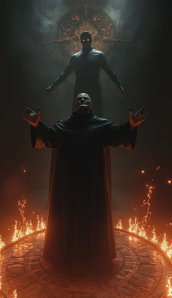 . The diabolic exorcist :  A priest with a macabre smile ,  standing in the center of a circle of fire ,  surrounded by strange and ancient symbols on the floor .  His hands are raised to the sky , and behind him,  a demonic figure appears ,  with burning eyes and a large shadow cast on the wall.

