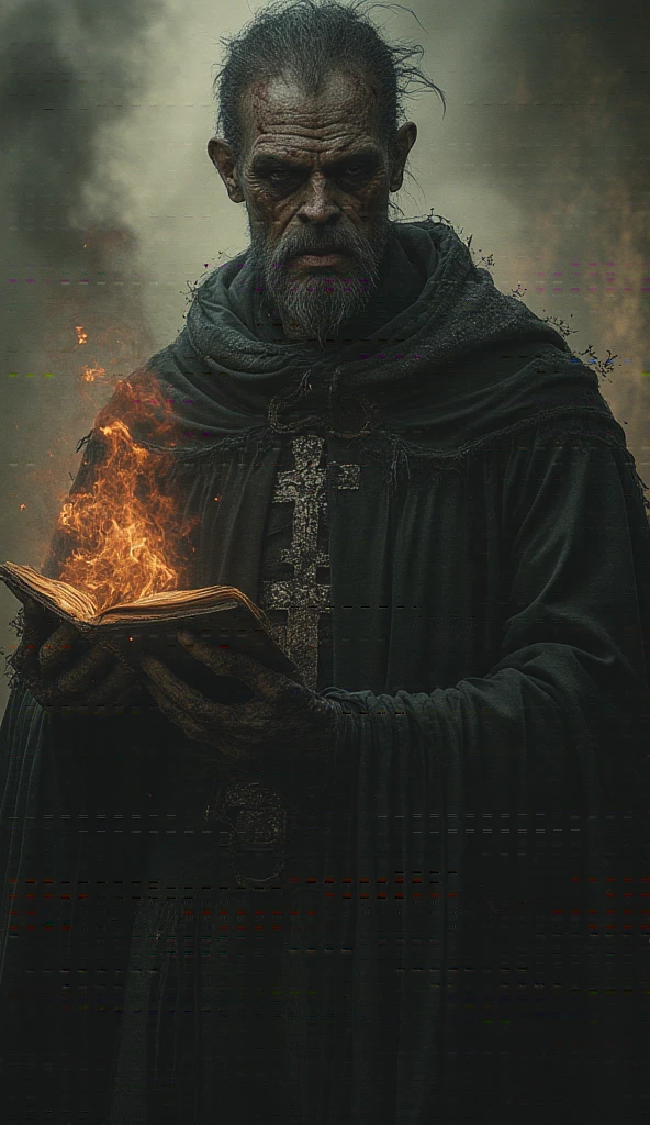 Priest with dark powers :  A priest with an inverted cross on his chest and a cold expression.  His face has scars and a diabolical mark on his forehead .  Holds a burning Bible with deformed hands ,  as the air around him distorts , creating a disturbing environment .
