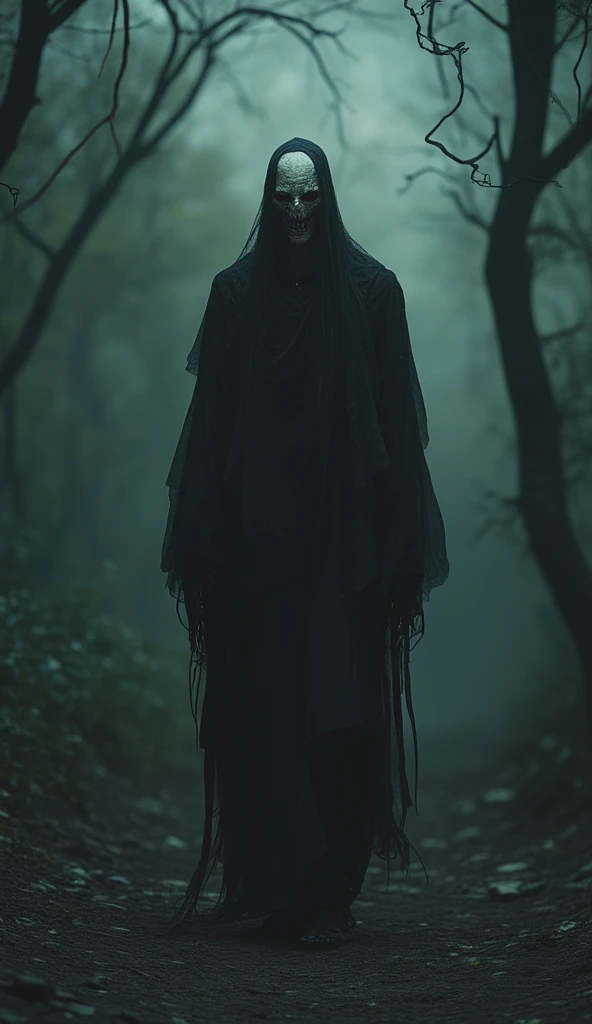 Cursed cure in the dark forest :  A priest with an emaciated face and red eyes ,  walking alone in a gloomy forest .  His black cloak is shaken by the wind as if he were alive, and behind him,  twisted trees seem to lean towards his figure .  The atmosphere is charged with a malevolent energy ,  as if nature itself were afraid of his presence .
