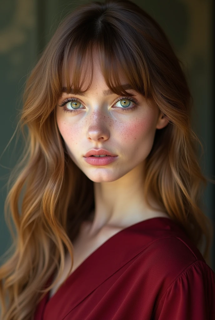 a close up of a woman with long red hair wearing a green top, a portrait by david rubín, pexels, dau-al-set, with a brown fringe, brown long hair with bangs, marta syrko, lorena avarez, blanca alvarez, brown hair with bangs, brown hair and bangs, sultry smirk
