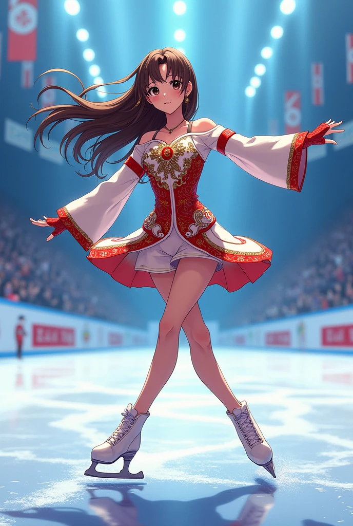 (((masterpiece))), (((best quality))), (((full body))), (((flying kick:1.3))), (((flying spin))), (((motion blur))), (((spiral lines))), ((dancing on grand ice skating exhibition)), (((raise leg))), (((raise skates))), (((raise arm))), (((dark pink see through floral print lace dress))), ((sleeves)), cinematic light, countless crowd, wind, night, solo, 1girl, (((black hair))), ((very long hair)), ponytail, ribbon, high neck, collar, (((big ))), enjoy, smile, shy, blush, (((petite figure))), (((face towards the sky))), ((hair flows upwards)), <lora:girllikeflyingspin:0.8>