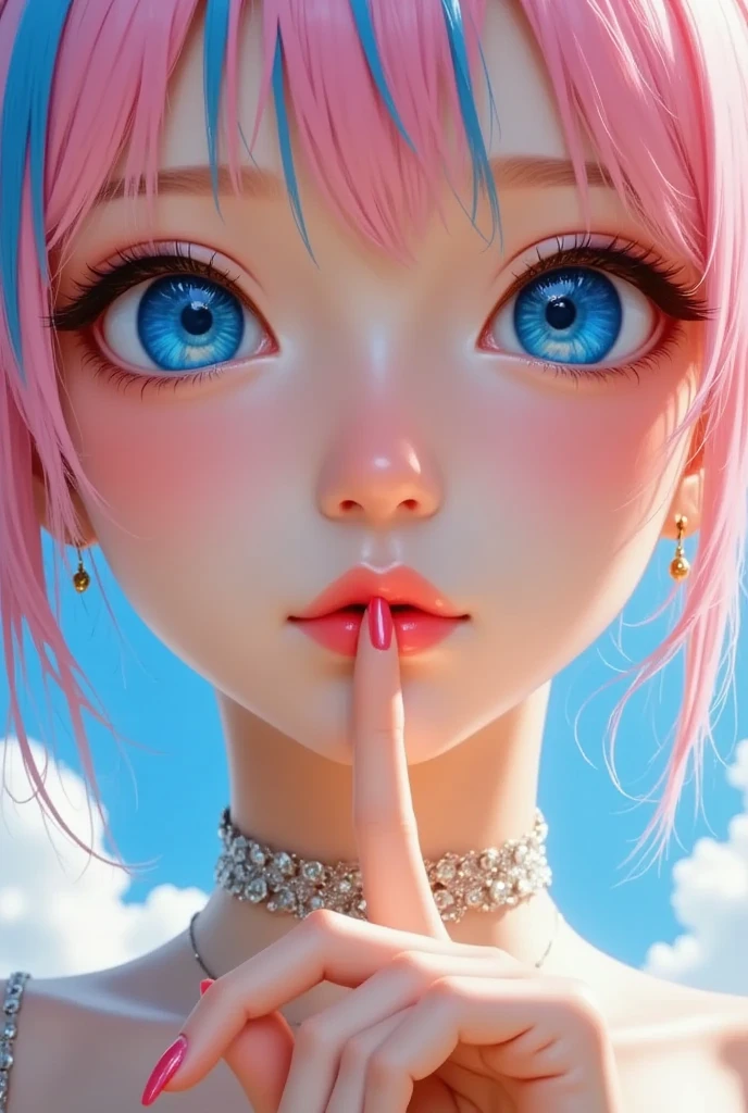 Close-up anime girl (age:1.1), (ethnicity:1.2),  with vibrant pink and light blue hair (detailed hair:1.2),  (color palette:1.2). Large, expressive blue eyes (detailed eyes:1.3), (expression:1.2), and soft, rosy cheeks with a subtle blush. Finger on lips in a "shhh" gesture (pose:1.2),  (accessories:1.1). Pink lipstick and pink/red nails highlighting the lips (detailed clothing:1.2). Centered in the frame, looking directly at the viewer. Character is in a studio/realistic anime style, (detailed skin texture:1.2). Bright, vibrant colors dominate the scene, conveying a dreamy, soft atmosphere. Composition is a close-up portrait shot, highlighting facial features and expressions. Pastel pink and blue tones dominate, giving a soft and romantic feel. Style: high-quality anime art, digital painting, (detailed facial features:1.3).