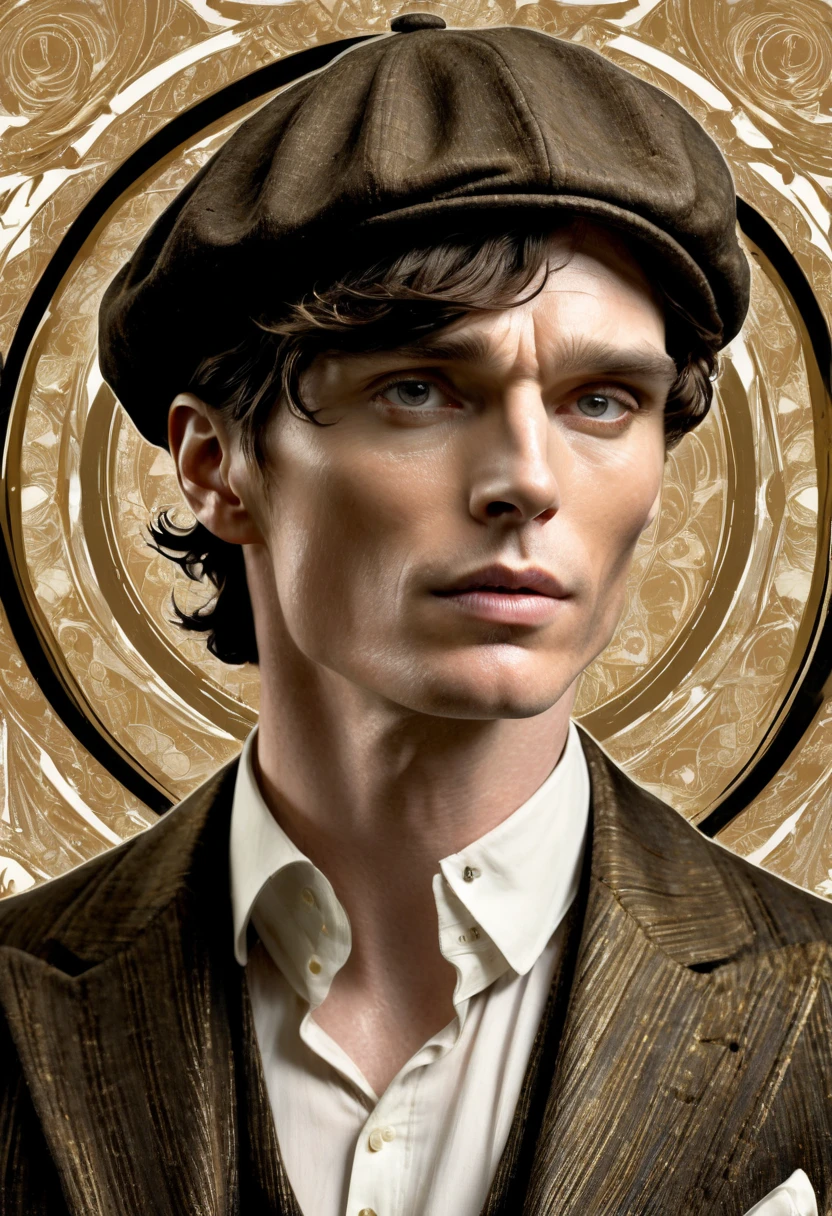 Cillian Murphy,apariencia ruda, and sharp intensity of Cillian Murphy's face.ccxl-mucha, Tomás shelby Art style, gold and wite, retrato,elegant style 1920,Wearing a vintage flat cap with a textured fabric color blak opaco, obstrullendo un poco su mirada,adding a touch of classic British style.mirada de enojo,genera miedo su mirada,psicopata,rude