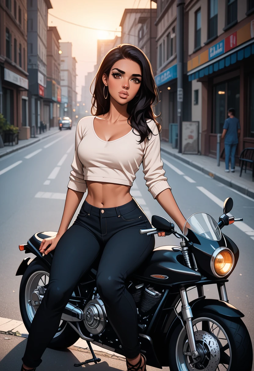 Amazing photo of a sexy woman,super latina, with long,  straight black hair , seductive look, light brown eyes , tanned skin , soft lips, blushed intensely, collant preto,  perfect body,  sitting on the motorcycle ,  thick thighs , pose  sitting on the motorcycle  vintage,  global lighting, perfect anatomy , high quality, Urban