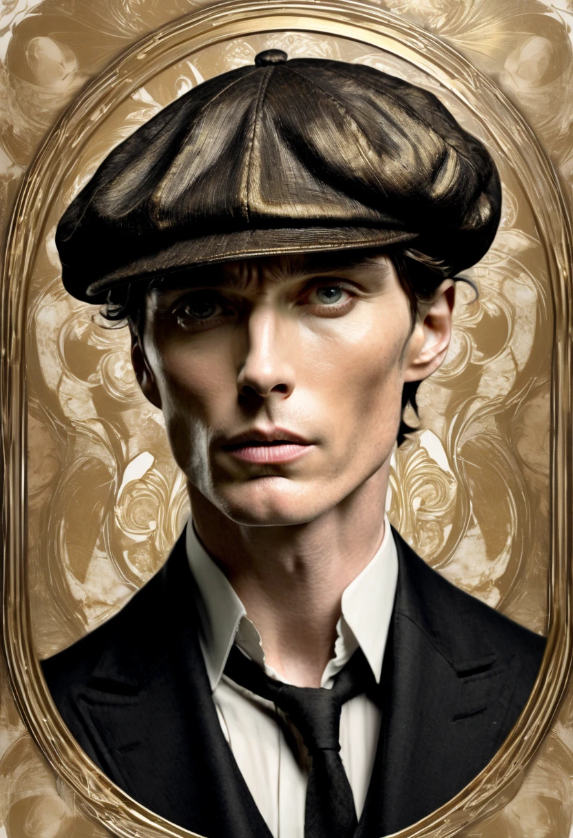 Cillian Murphy,apariencia ruda, and sharp intensity of Cillian Murphy's face.ccxl-mucha, Tomás shelby Art style, gold and wite, retrato,elegant style 1920,Wearing a vintage flat cap with a textured fabric color blak opaco, obstrullendo un poco su mirada,adding a touch of classic British style.mirada de enojo,genera miedo su mirada,psicopata,rude