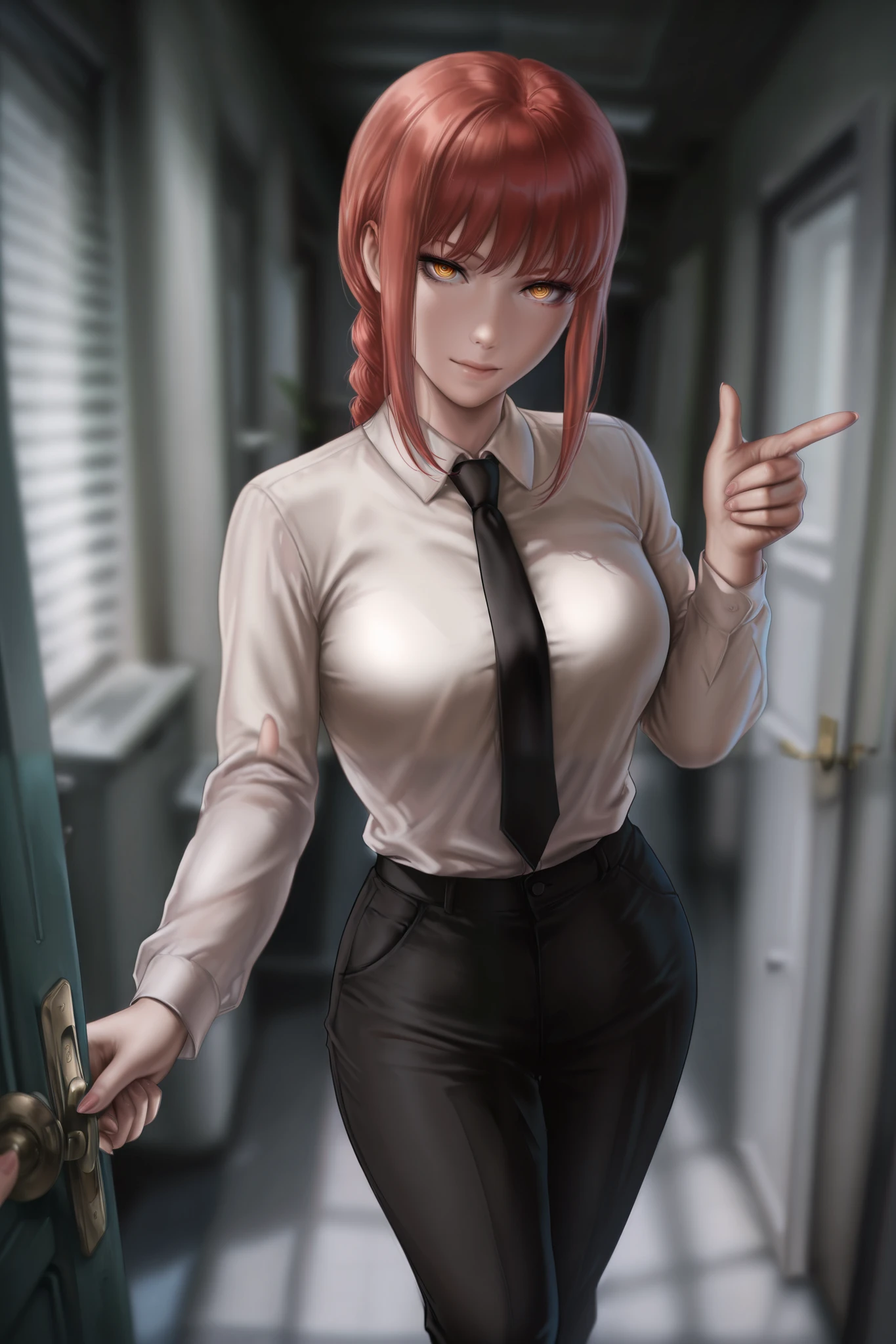 dandonfuga, perfect composition, beautiful eyes, detailed face, high detail,digital art,best quality, detailed skin, detailed hands, vibrant, highly detailed, award-winning, professional BREAK
1girl, opening door, makima \(chainsaw man\), pointing at viewer, finger gun, reaching out,
