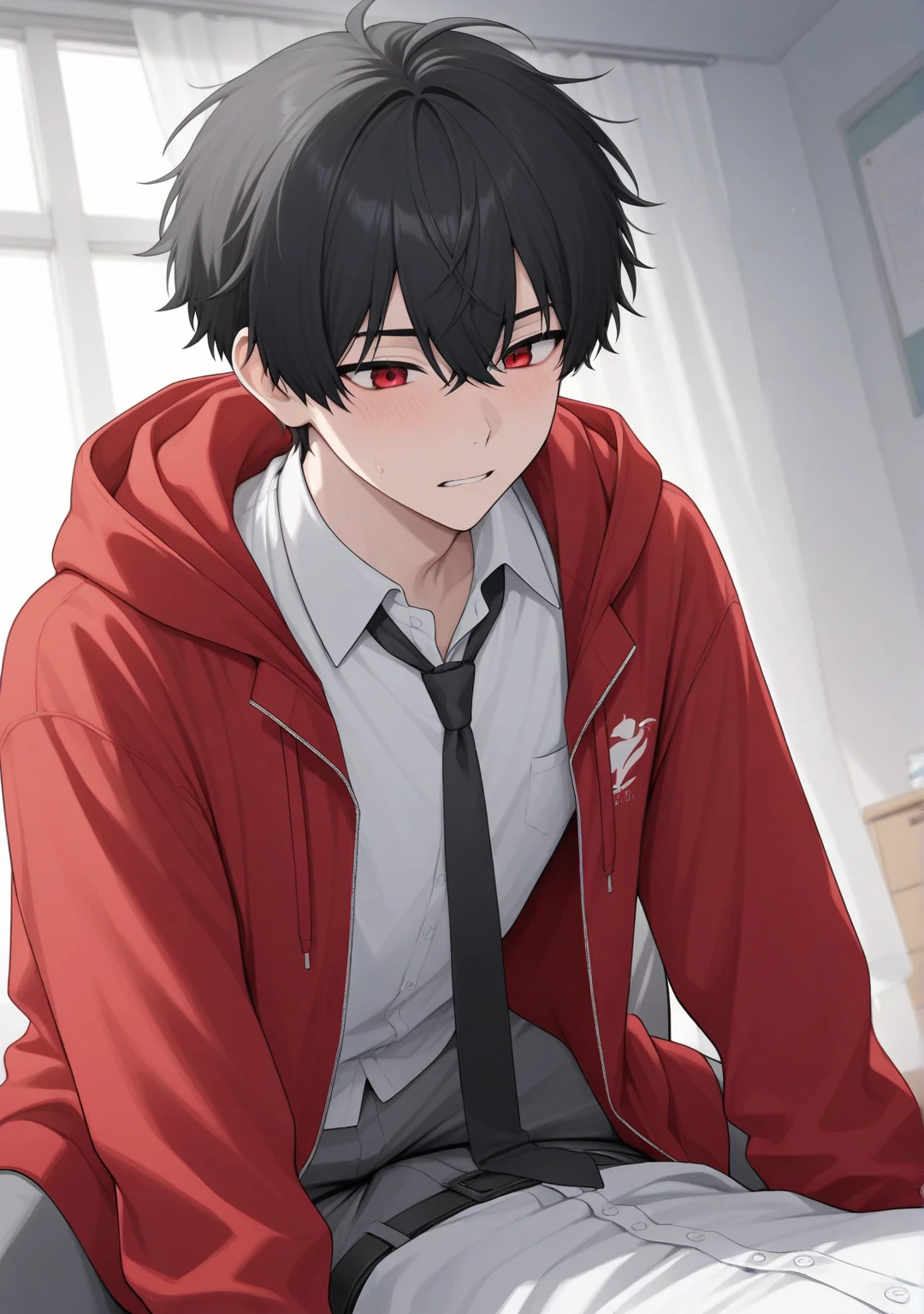 With black hair、 male high school students with red eyes 。 white shirts and loose black ties、Red hoodies layered on top 、 wearing gray uniforms on top 。