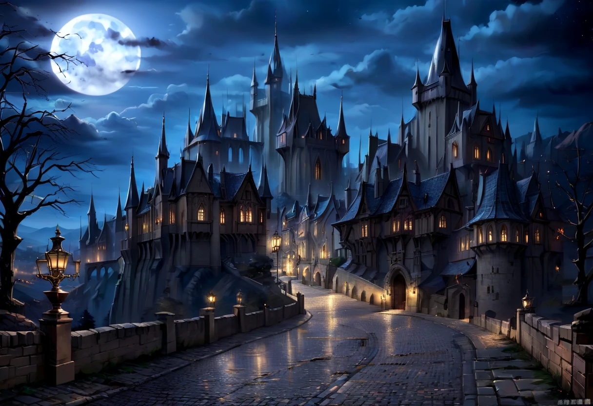 masterpiece, Best Quality, Super detailed,anime,landscape,((Midnight Full Moon Night Scenery )), BREAK paved cobblestone ground and a large aristocrat's mansion ,  BREAK The background has a medieval night castle town and a spectacular castle towering on the hill in the back,  The city is a house with a brick roof 々 are scattered ,  The castle is built on a hill and is characterized by many towers and fences ,  The medieval landscape and architecture are fascinating and make you feel a historic atmosphere,